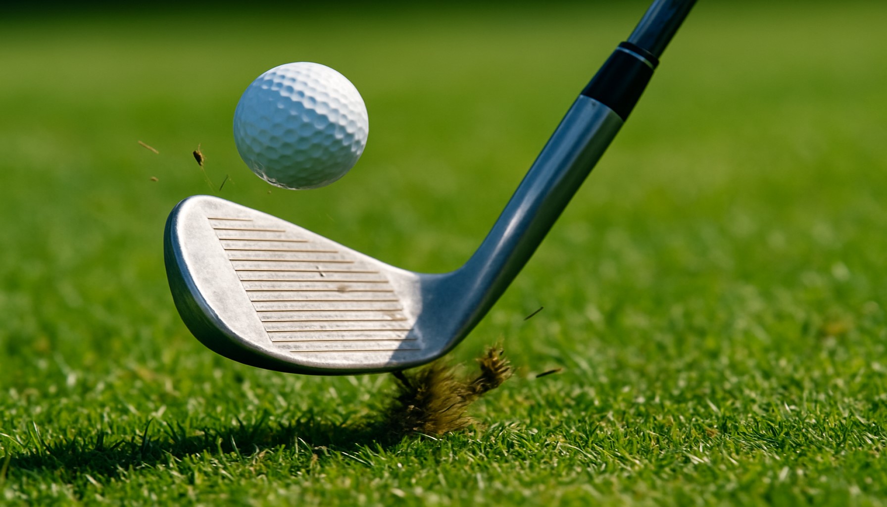 Golf wedge clean turf strike from tight fairway