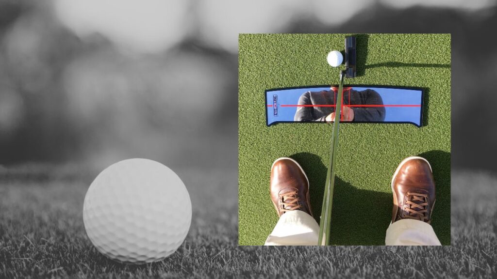 Golfer standing over a shoulder alignment mirror with a golf ball on a green in the background.