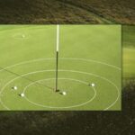 Image of 3 rings around the flag stick on a practice green, with 4 golf balls close to the hole.