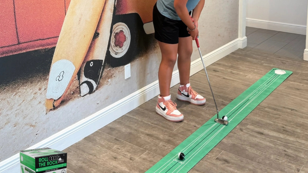 Indoor putting drill designed to build consistent stroke and distance control.