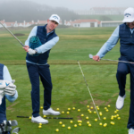 Golfer transitioning from frustrated range practice to confident free swing on the course.