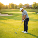 Golfer standing over a wedge shot under pressure on the course, illustrating distance control under pressure.