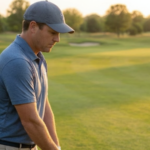 Golfer relaxed pre shot routine before wedge shot showing automatic distance control in golf under calm conditions.