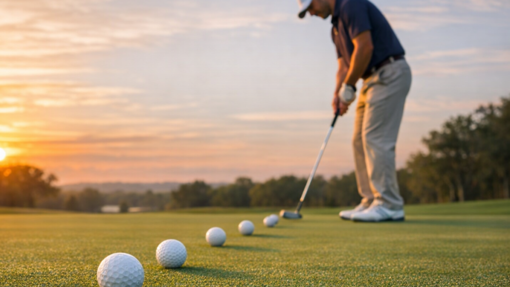 Golfer practicing putting distance control drill focusing on feel and rhythm rather than swing thoughts.