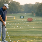 Golfer standing over a wedge shot thinking about swing mechanics during practice, illustrating golf swing thoughts under pressure.