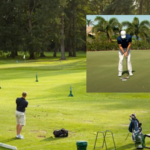 Golfer practicing wedge distance control using structured target ladder drill to improve distance control in golf.