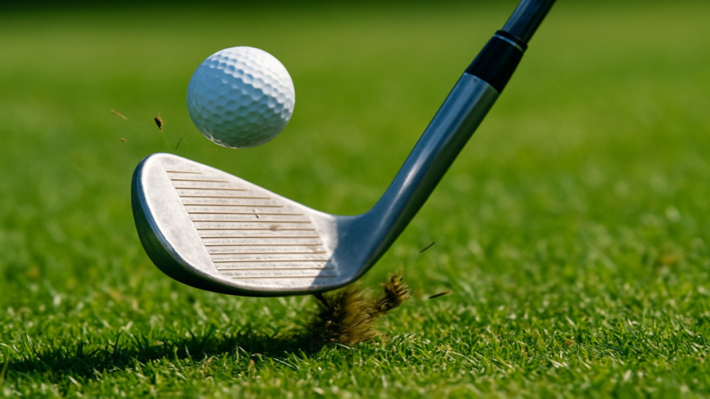 Golf fairway wedge clean turf strike from tight fairway for distance control inside 120 yards