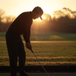 Golfer repeatedly hitting golf balls from the same spot on a driving range, illustrating repetitive practice habits in golf.