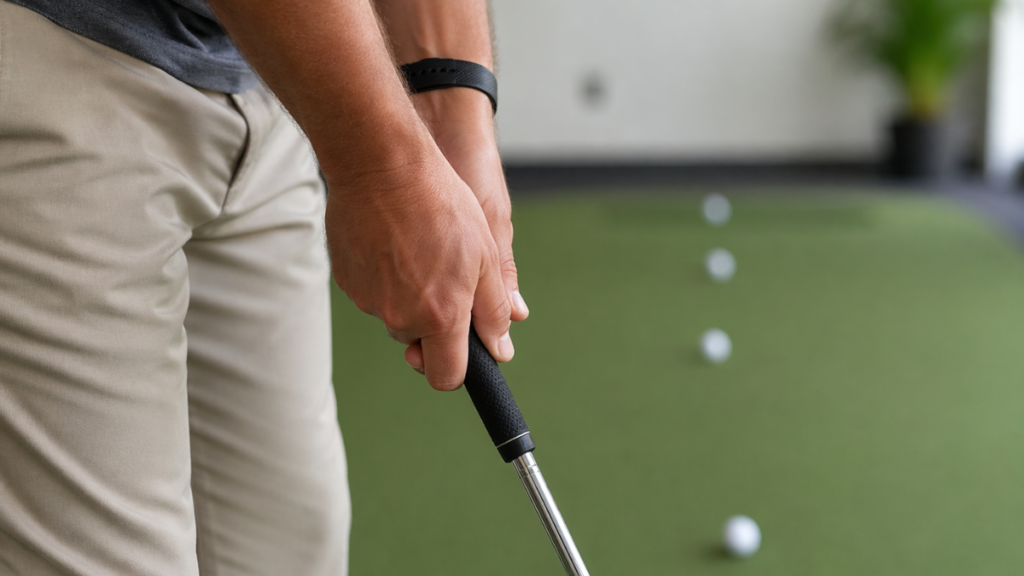 Golfer practicing putting stroke at home with relaxed grip and smooth motion