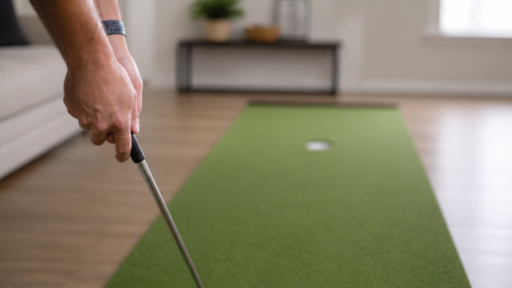Golfer building a clear target picture before starting the putting stroke.