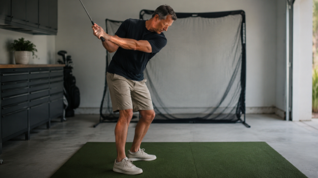 Golfer rehearsing a controlled stock wedge swing at home as part of distance control training.
