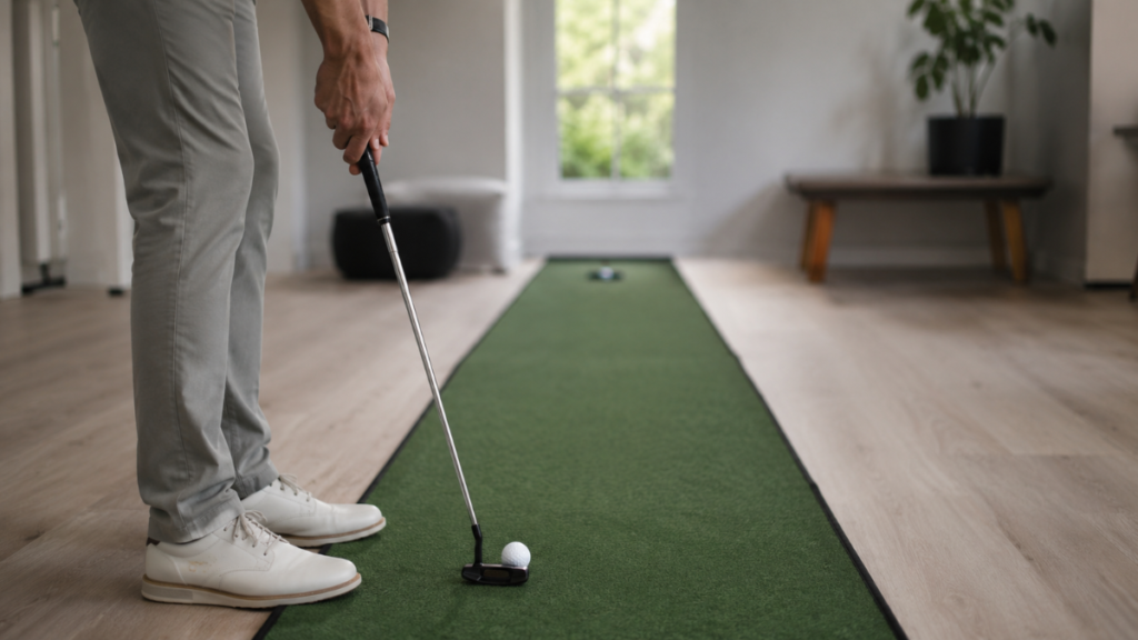 Golfer setting up for a simple at-home putting drill with a relaxed grip and focused routine.