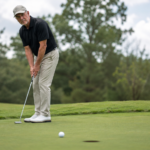 Golfer preparing for a putt with calm focus and a clear target picture.