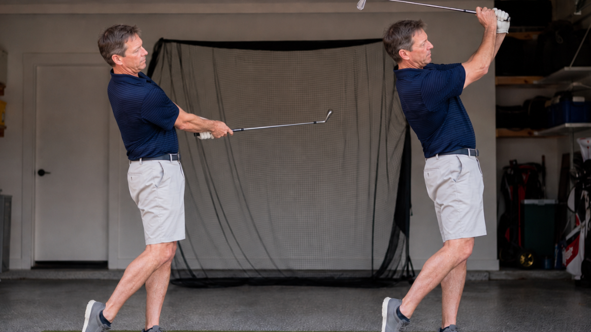 Golfer demonstrating how different finish heights change wedge swing speed and distance.