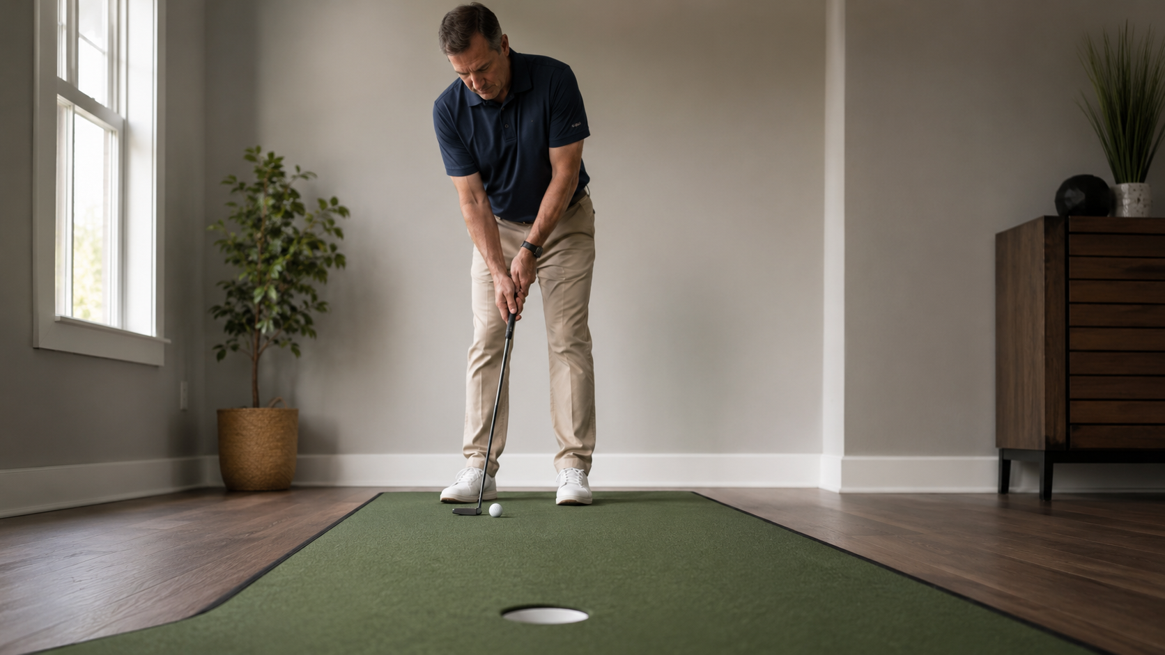 Golfer practicing Blackout Mode putting at home to build trust before the practice green.