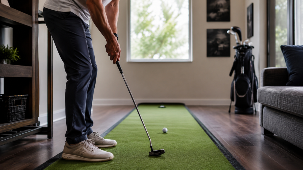 Golfer training putting stroke tempo at home with relaxed hands and a smooth rhythm.