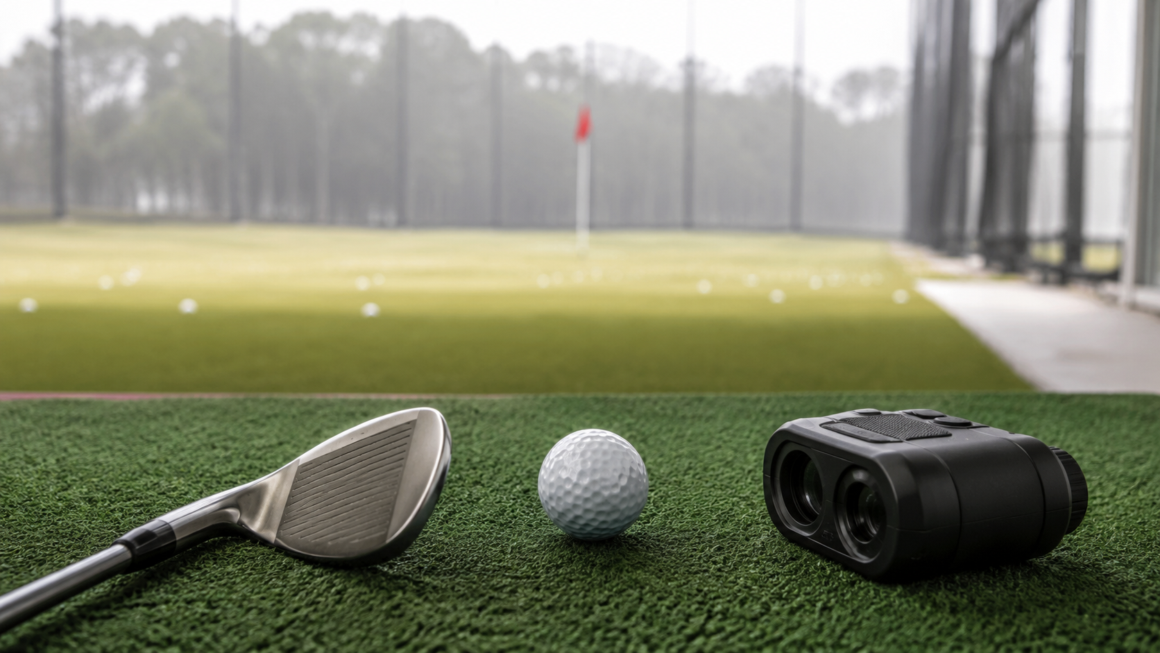Close view of one golf ball, wedge, rangefinder, and a changed target flag after a short break.