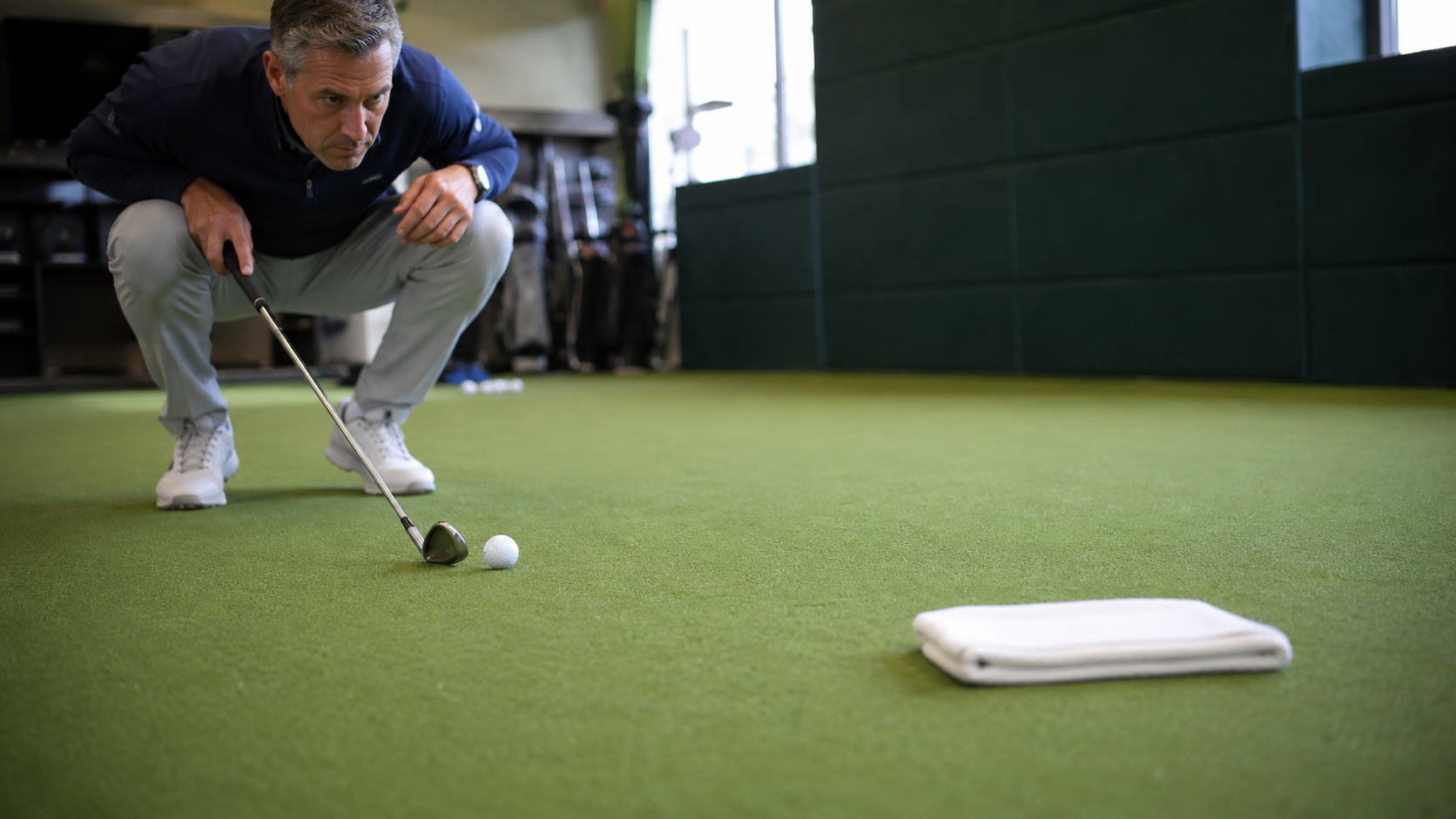 Close-up of a towel landing target on a practice green with wedge, ball, and golfer’s gaze aligned toward it.