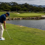 Experienced golfer over a demanding wedge shot on course, water or bunker near the green, calm but visibly crowded pre-shot posture.