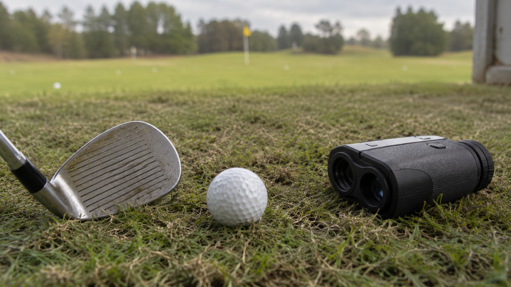 Close-up of a ball on an uneven grass lie, rangefinder, wedge, and distant green target.