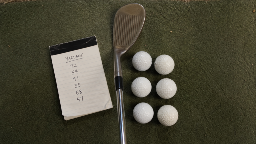 Overhead close-up of six golf balls beside a handwritten randomized yardage list and a wedge.
