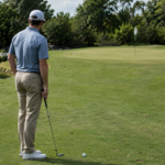 Experienced golfer behind a wedge shot studying a clear landing area on the green, natural on-course light, composed posture.