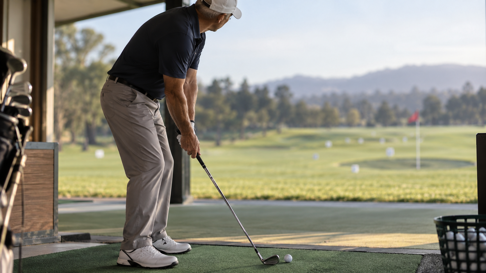 Close-up of golfer’s final look from ball to landing spot before stepping into a wedge shot.