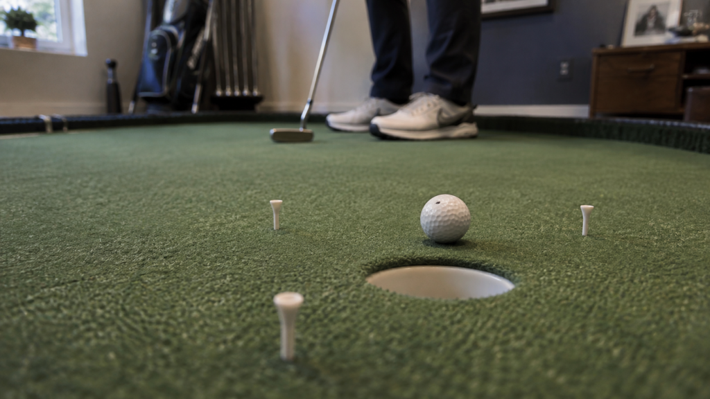 Ground-level close-up of a golf ball finishing inside a simple three-foot lag-putt zone near the cup.
