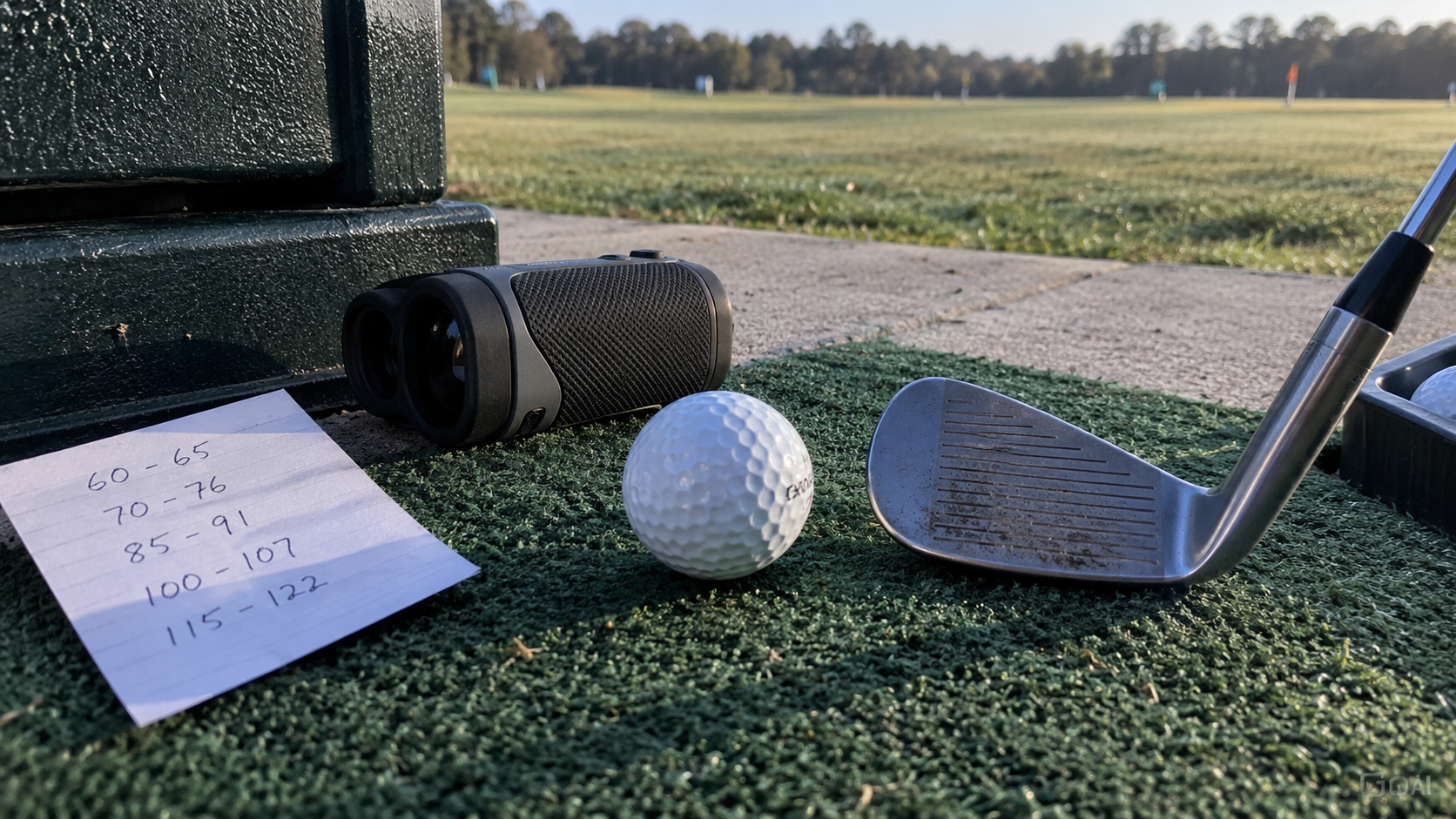 Close-up of a handwritten five-yardage card, one golf ball, wedge, and rangefinder beside a hitting station