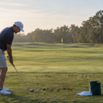 Experienced golfer on a range receiving one random wedge yardage at a time, several flags at different distances, focused routine.