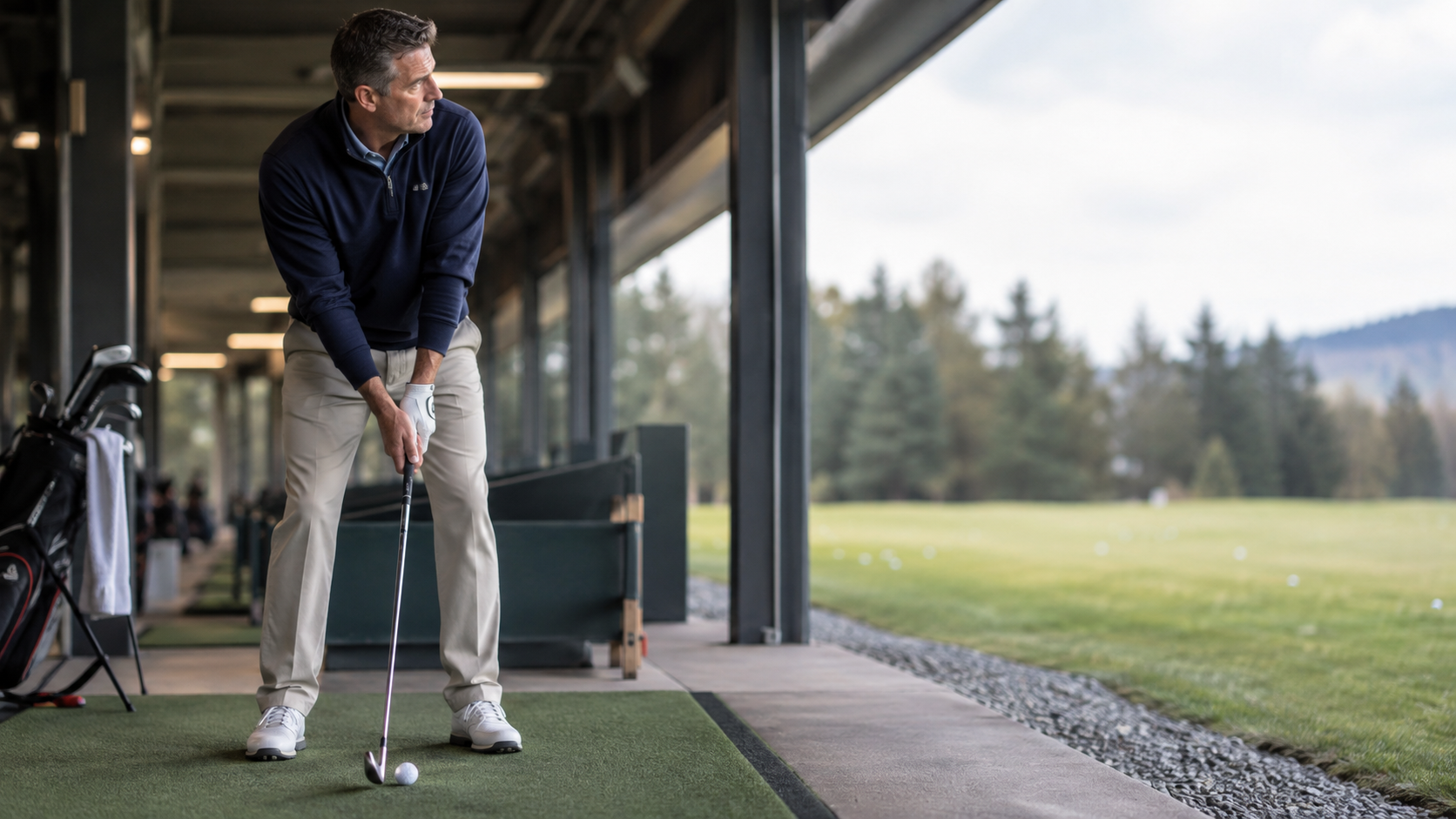 Close-up of golfer’s final look from ball to landing spot before stepping into a wedge shot.