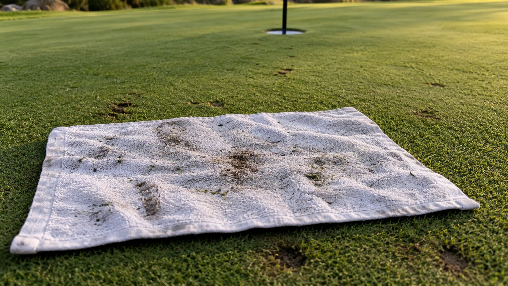 Close-up of a towel landing target with several wedge-ball marks and the hole visible farther beyond.